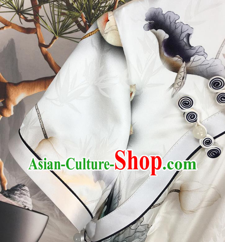 China National Young Woman Clothing Classical White Silk Qipao Dress Traditional Printing Lotus Cheongsam