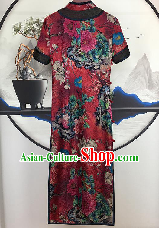 China Traditional Red Gambiered Guangdong Gauze Cheongsam National Printing Peony Silk Qipao Dress Clothing