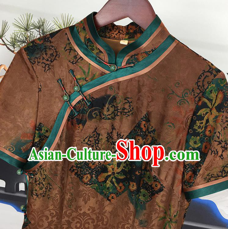 China National Printing Brown Silk Qipao Dress Clothing Traditional Slant Opening Cheongsam