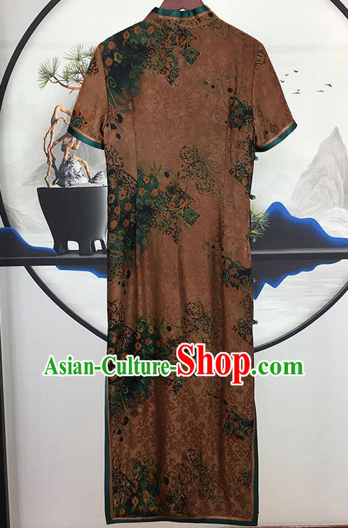 China National Printing Brown Silk Qipao Dress Clothing Traditional Slant Opening Cheongsam