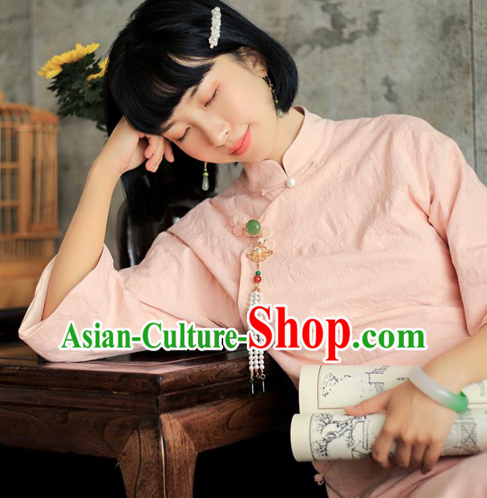 China National Young Lady Pink Qipao Dress Clothing Traditional Female Student Long Cheongsam