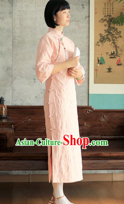 China National Young Lady Pink Qipao Dress Clothing Traditional Female Student Long Cheongsam