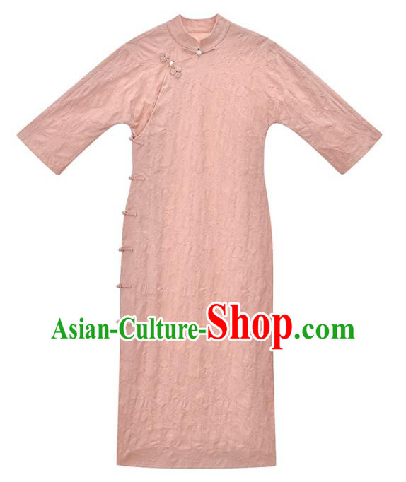China National Young Lady Pink Qipao Dress Clothing Traditional Female Student Long Cheongsam
