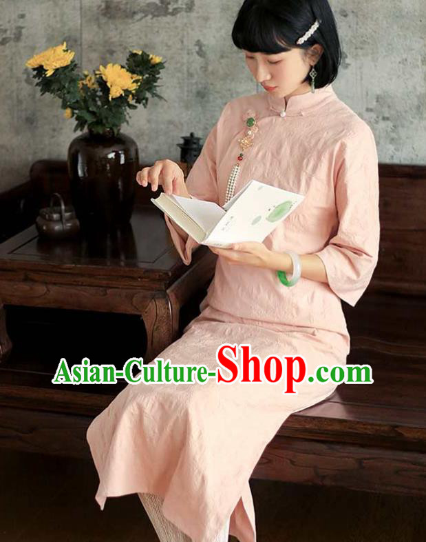 China National Young Lady Pink Qipao Dress Clothing Traditional Female Student Long Cheongsam