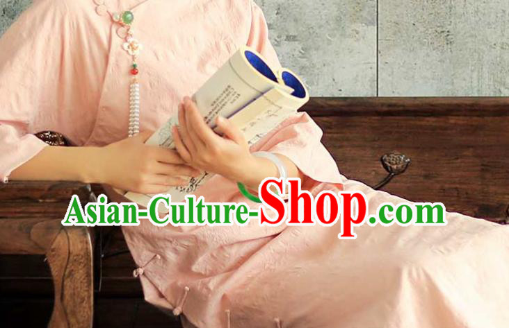 China National Young Lady Pink Qipao Dress Clothing Traditional Female Student Long Cheongsam