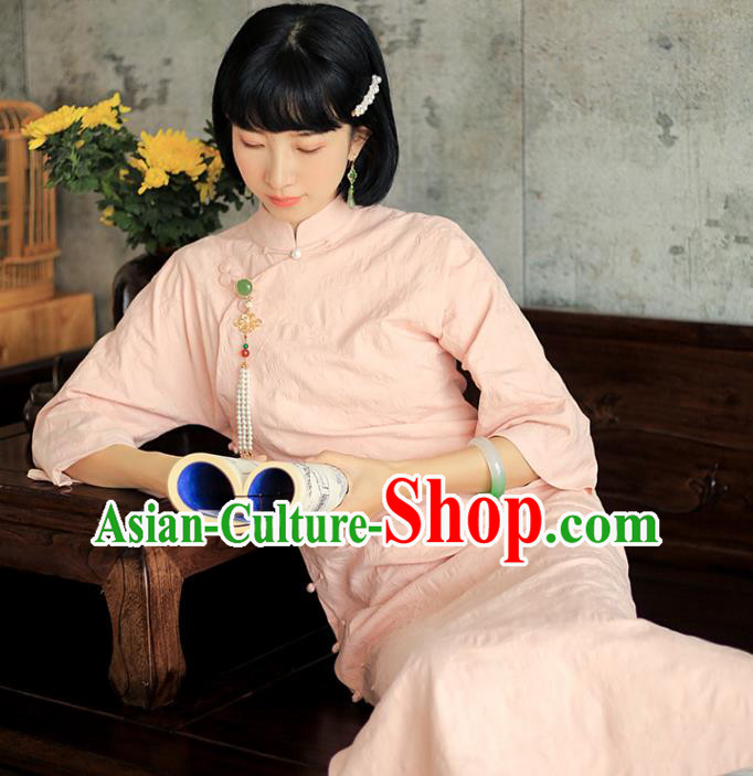 China National Young Lady Pink Qipao Dress Clothing Traditional Female Student Long Cheongsam