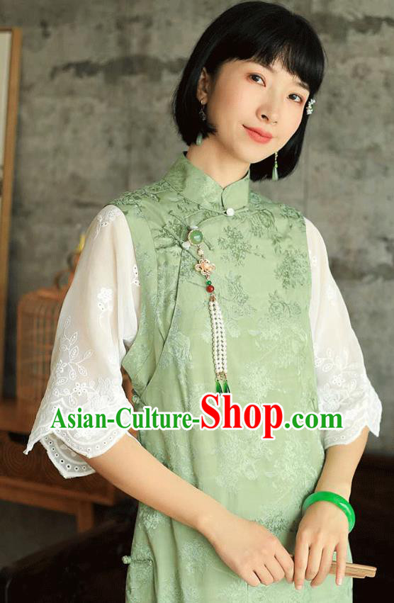 China National Young Lady Wide Sleeve Qipao Dress Clothing Traditional Light Green Cheongsam