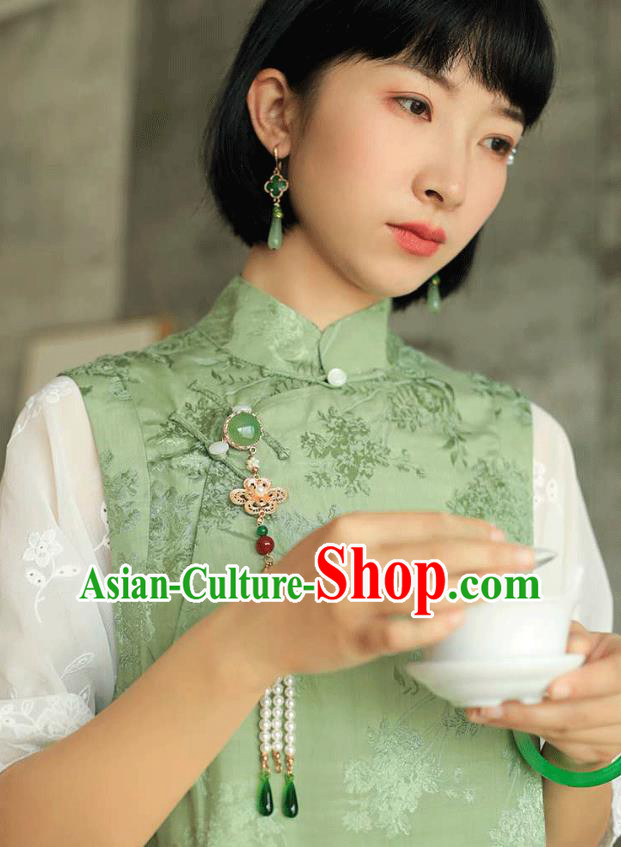 China National Young Lady Wide Sleeve Qipao Dress Clothing Traditional Light Green Cheongsam
