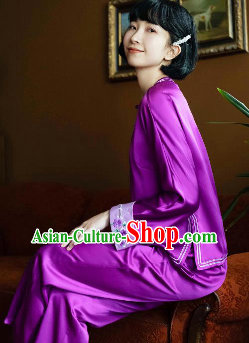 Chinese Traditional National Pajamas Costume Embroidered Purple Silk Blouse and Pants Outfits