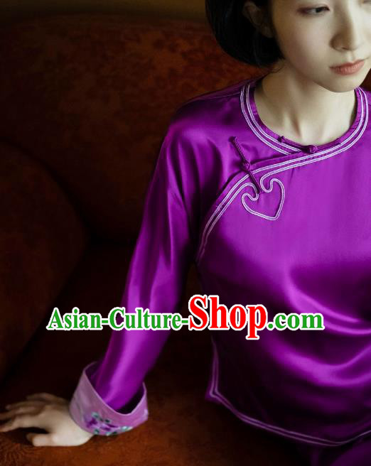 Chinese Traditional National Pajamas Costume Embroidered Purple Silk Blouse and Pants Outfits