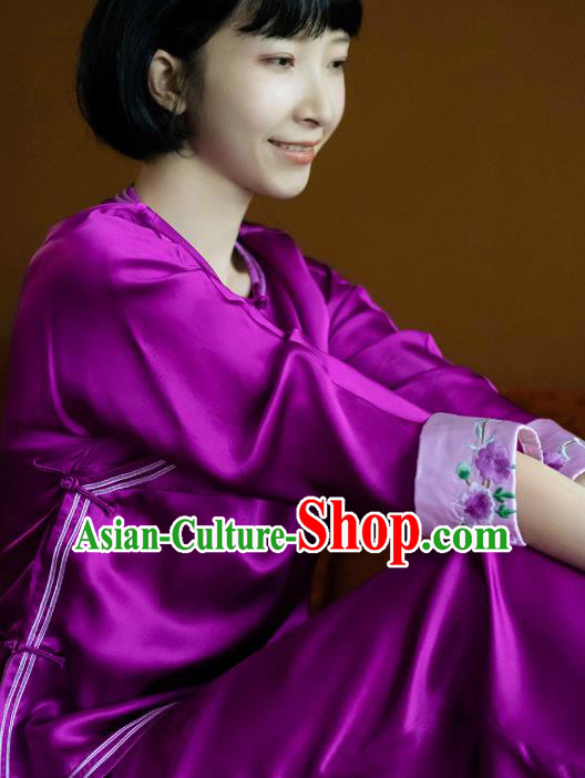Chinese Traditional National Pajamas Costume Embroidered Purple Silk Blouse and Pants Outfits