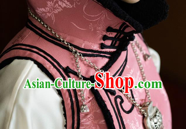 Chinese Traditional Pink Silk Vest Costume National Stand Collar Waistcoat