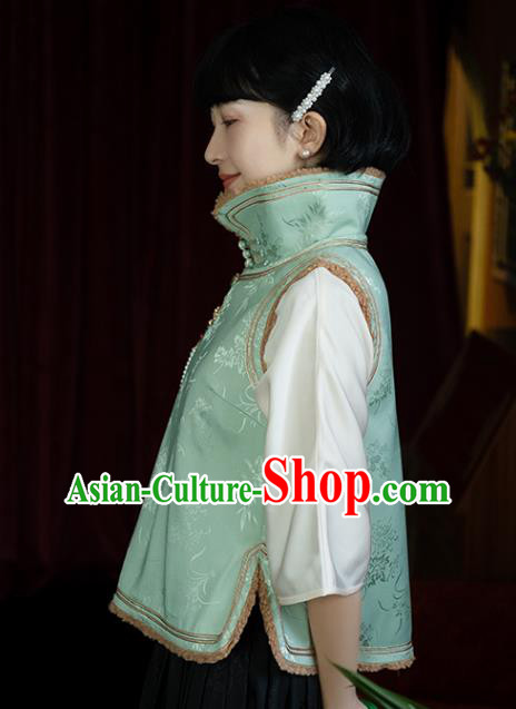 Chinese National Stand Collar Lambswool Waistcoat Traditional Light Green Silk Vest Costume