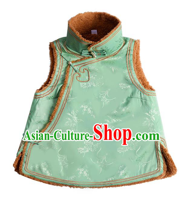 Chinese National Stand Collar Lambswool Waistcoat Traditional Light Green Silk Vest Costume