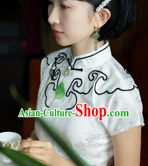 China National White Silk Qipao Dress Clothing Traditional Young Lady Slant Opening Cheongsam