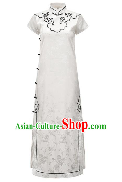 China National White Silk Qipao Dress Clothing Traditional Young Lady Slant Opening Cheongsam