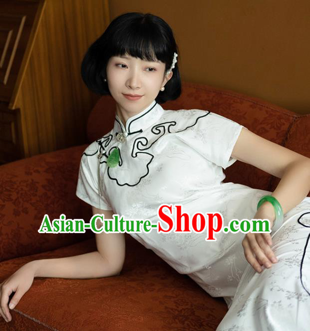 China National White Silk Qipao Dress Clothing Traditional Young Lady Slant Opening Cheongsam