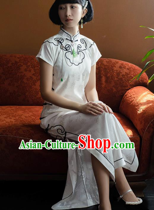 China National White Silk Qipao Dress Clothing Traditional Young Lady Slant Opening Cheongsam