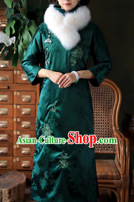 China National Deep Green Silk Qipao Dress Clothing Traditional Young Lady Stand Collar Cheongsam