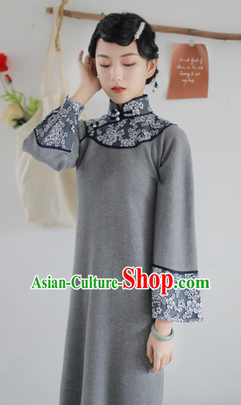 China National Knitting Grey Qipao Dress Clothing Traditional Young Lady Wide Sleeve Cheongsam