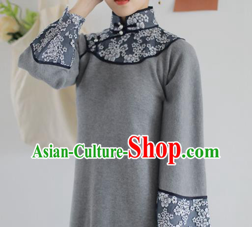 China National Knitting Grey Qipao Dress Clothing Traditional Young Lady Wide Sleeve Cheongsam