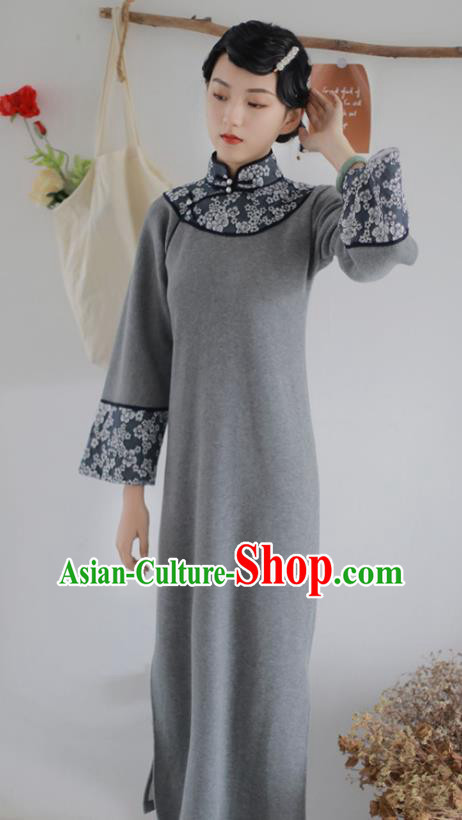 China National Knitting Grey Qipao Dress Clothing Traditional Young Lady Wide Sleeve Cheongsam
