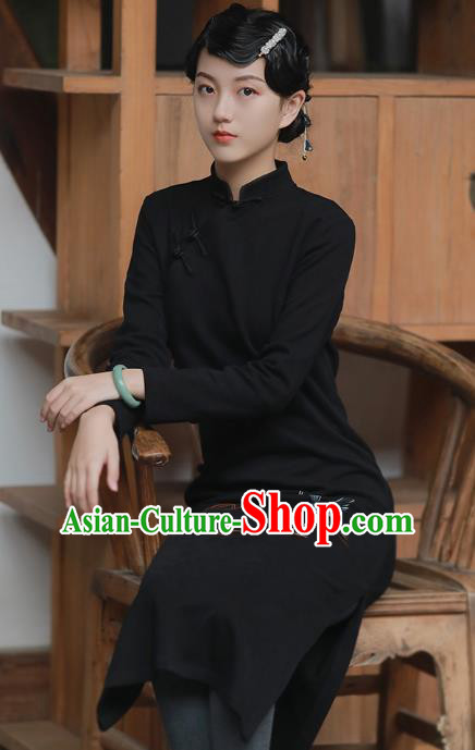 China National Printing Crane Qipao Dress Clothing Traditional Young Lady Slant Opening Black Cheongsam