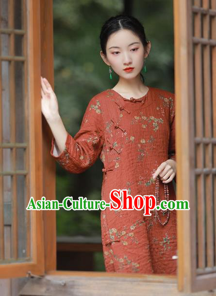 China National Printing Red Flax Qipao Dress Clothing Traditional Young Lady Slant Opening Cheongsam