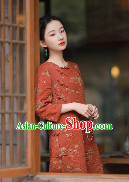China National Printing Red Flax Qipao Dress Clothing Traditional Young Lady Slant Opening Cheongsam