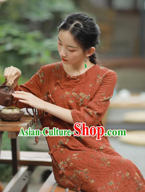 China National Printing Red Flax Qipao Dress Clothing Traditional Young Lady Slant Opening Cheongsam