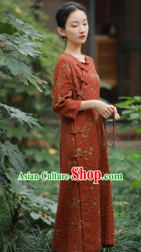 China National Printing Red Flax Qipao Dress Clothing Traditional Young Lady Slant Opening Cheongsam