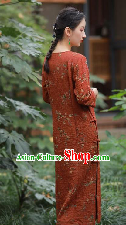 China National Printing Red Flax Qipao Dress Clothing Traditional Young Lady Slant Opening Cheongsam