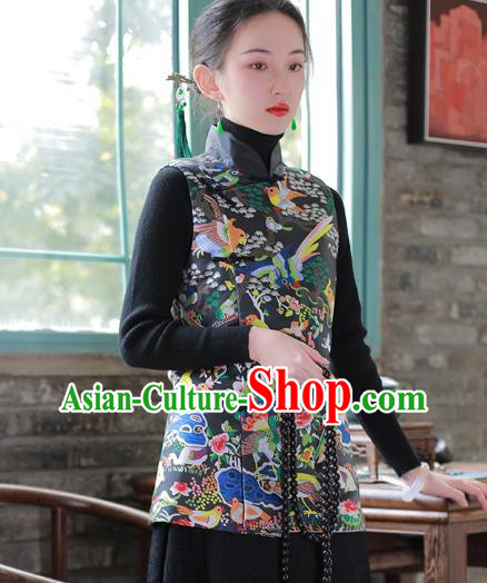 Chinese National Stand Collar Waistcoat Traditional Black Brocade Vest Costume