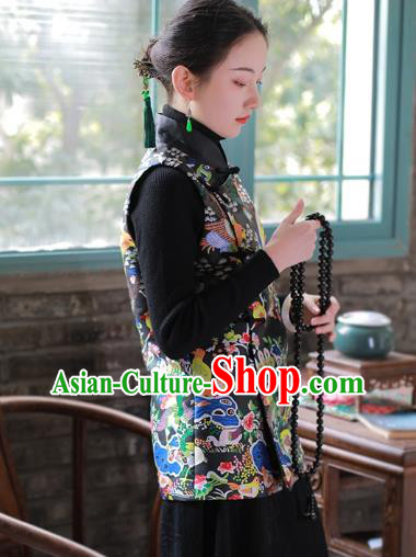 Chinese National Stand Collar Waistcoat Traditional Black Brocade Vest Costume