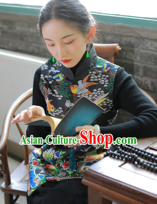 Chinese National Stand Collar Waistcoat Traditional Black Brocade Vest Costume