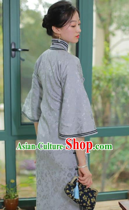 China National Mother Blue Silk Qipao Dress Clothing Traditional Mandarin Sleeve Cheongsam