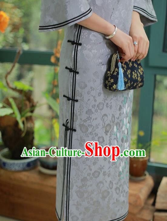China National Mother Blue Silk Qipao Dress Clothing Traditional Mandarin Sleeve Cheongsam