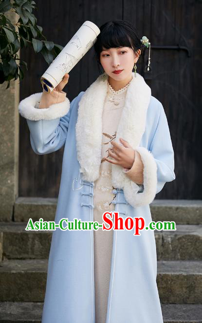 China Traditional Tang Suit Outer Garment National Woman Blue Woolen Dust Coat