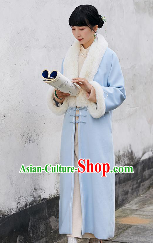 China Traditional Tang Suit Outer Garment National Woman Blue Woolen Dust Coat
