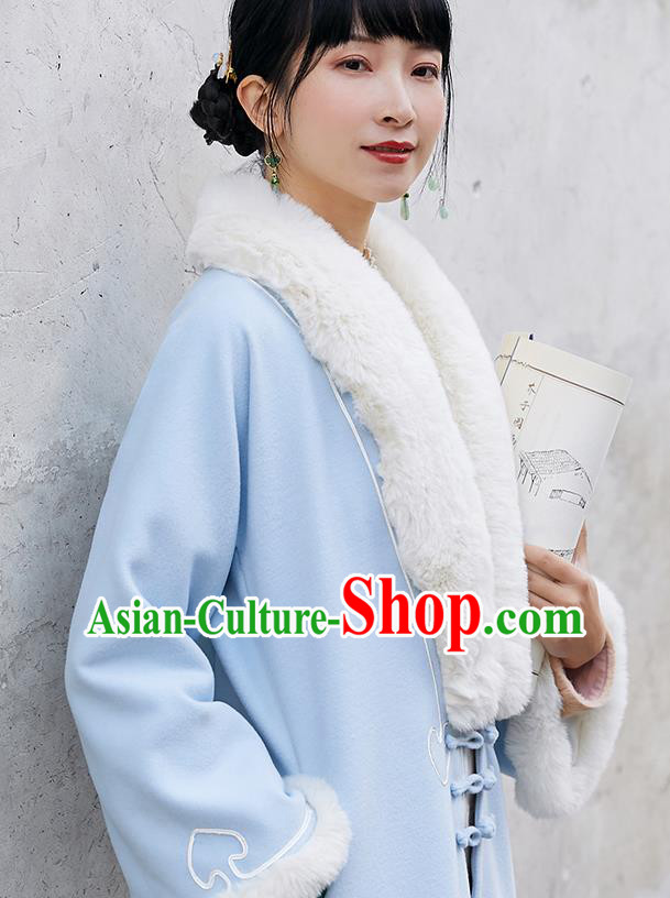 China Traditional Tang Suit Outer Garment National Woman Blue Woolen Dust Coat