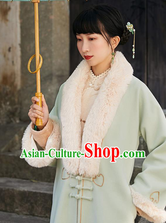 China Traditional Costume National Woman Light Green Woolen Dust Coat Tang Suit Outer Garment