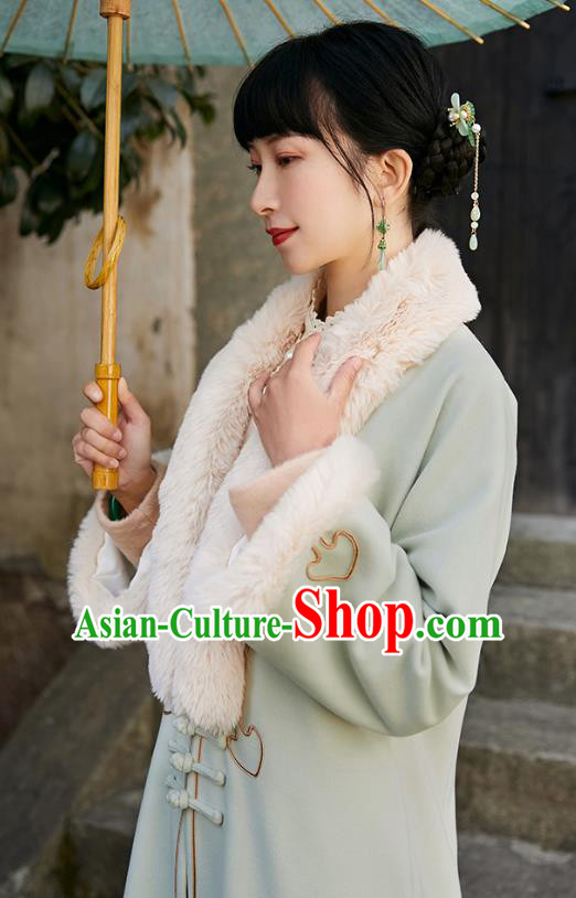 China Traditional Costume National Woman Light Green Woolen Dust Coat Tang Suit Outer Garment