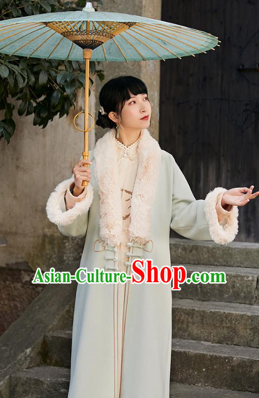 China Traditional Costume National Woman Light Green Woolen Dust Coat Tang Suit Outer Garment
