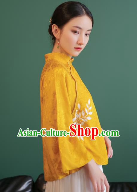 China Tang Suit Golden Silk Shirt Traditional Costume National Woman Stand Collar Blouse