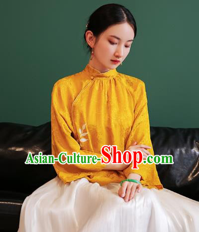 China Tang Suit Golden Silk Shirt Traditional Costume National Woman Stand Collar Blouse