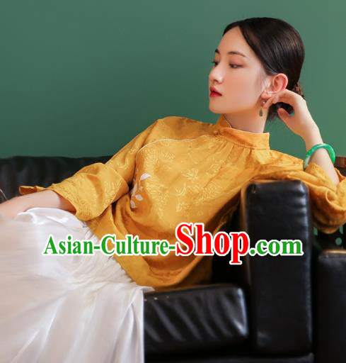China Tang Suit Golden Silk Shirt Traditional Costume National Woman Stand Collar Blouse