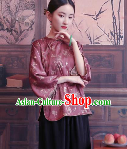 China Tang Suit Wide Sleeve Shirt Traditional Costume National Woman Wine Red Brocade Blouse