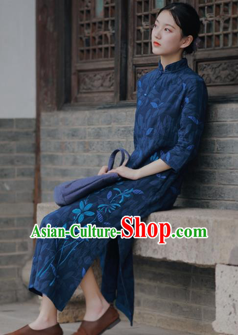 China National Hand Painting Navy Flax Qipao Dress Clothing Traditional Young Lady Cheongsam