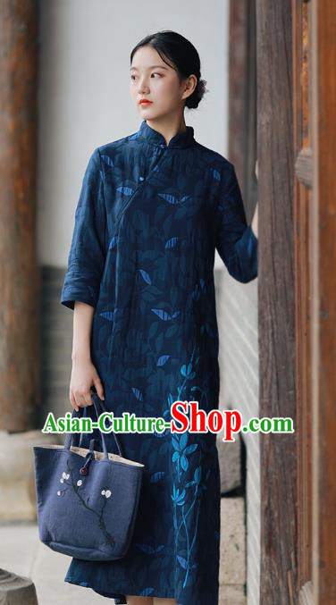 China National Hand Painting Navy Flax Qipao Dress Clothing Traditional Young Lady Cheongsam