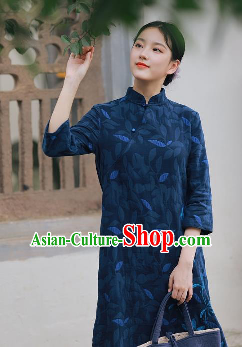 China National Hand Painting Navy Flax Qipao Dress Clothing Traditional Young Lady Cheongsam